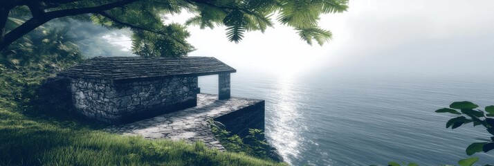 Serene Stone Cottage Ocean View Tranquil Coastal Landscape Peaceful Morning Mist Scenic Summer