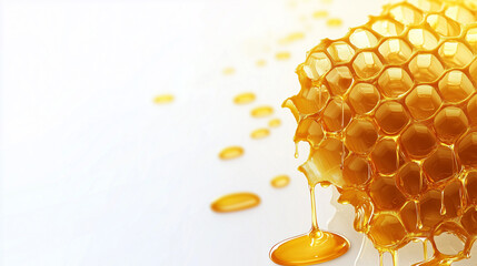 honeycomb banner, clean white background, golden honeycomb with neat hexagonal shape, honey drops flowing slowly in the corners, Ai generated images