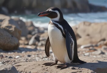 Naklejka premium Humboldt penguin preening its feathers on a rocky beach , natural habitat, nature