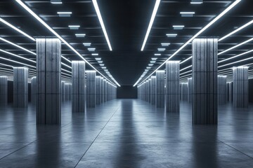 Futuristic, sleek hallway with neon lighting and concrete pillars