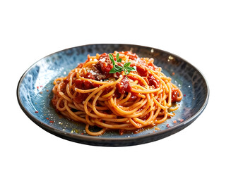 Delicious Spaghetti with Tomato Sauce and Herbs on a Blue Plate &ndash; Transparent Background