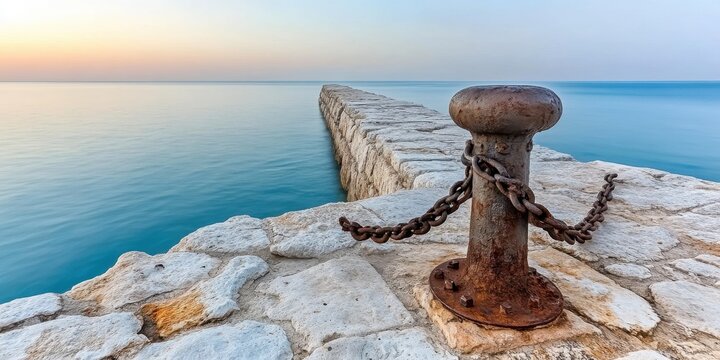 Rustic Harbor Scene Tranquil Ocean View Sunrise Stone Pier Rusty Chain Bollar Peaceful Morning