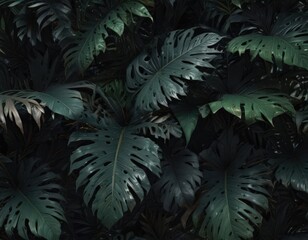 Fototapeta premium Intricate, dark tropical leaves layered, creating depth and shadow , organic, stylish, jungle