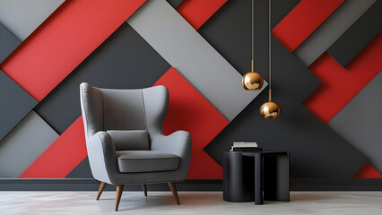 Beautiful interior design with red,  black and gray colour. 