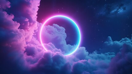 Neon circle in starry night clouds