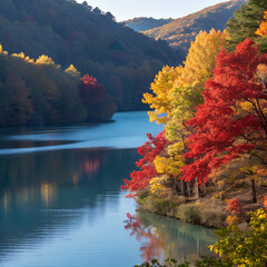 Sunlit Blue Lake Reflecting Autumn Trees in Red and Yellow Hues
