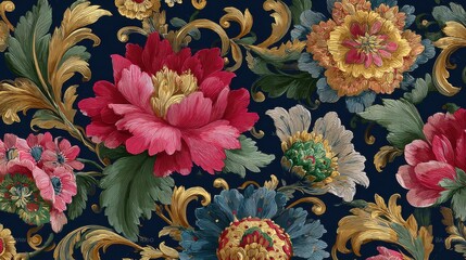 Detailed floral pattern showcases blooming peony and scrollwork ornamentation over a dark blue backdrop