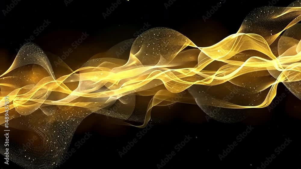 Poster golden wave abstract design flowing lines and sparkles create elegance and movement in dark backgrou