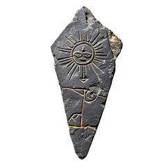 A Cracked Stone Arrow with Incan Sun God Motifs Isolated on Transparent Background