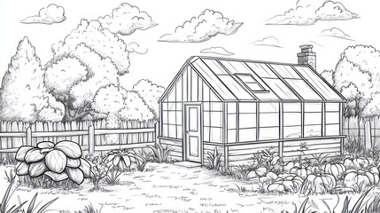 Fototapeta premium Greenhouse garden backyard sketch, plants growing, sunny day