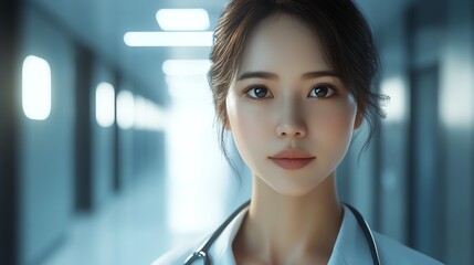 Naklejka premium A focused healthcare professional stands confidently in a modern hospital corridor, showcasing dedication and care