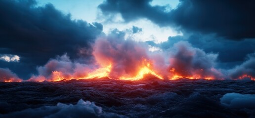 Fototapeta premium Fiery landscape of clouds and lava
