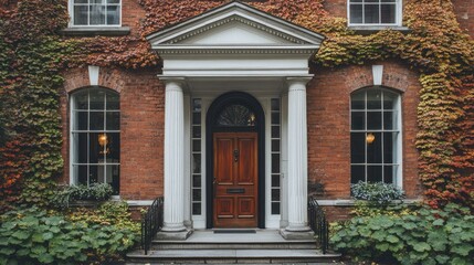 Naklejka premium Classic brick building entrance with autumnal ivy and wooden door