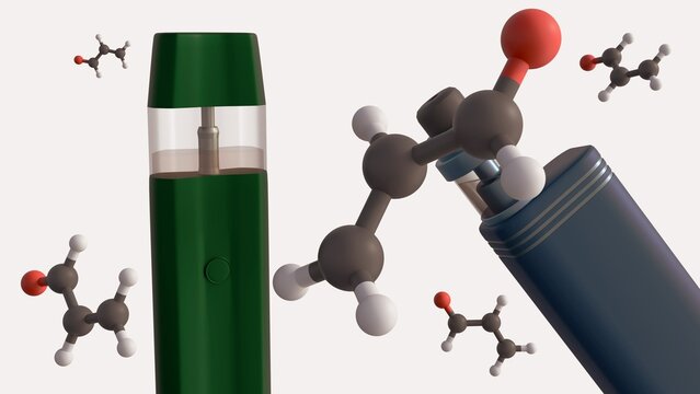 A 3d rendering of electronic cigarette or vape with floating molecular models of acrolein. The chemical byproducts and potential health implications associated with vaping.