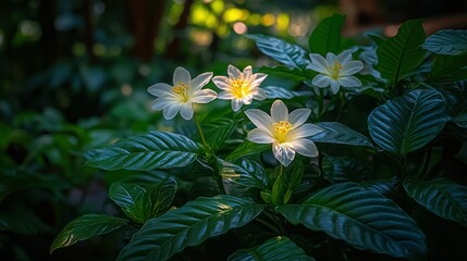 White flowers in lush foliage