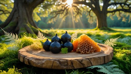Honeycombs and Black Fruits Displayed on a Wooden Platter in Nature