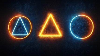 Luminous geometric shapes neon blue and orange triangles and circles on dark background