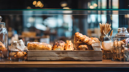 Assorted Baked Goods Display in Cafe Showcase
