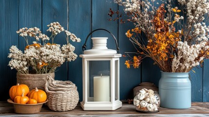 Autumnal home decor still life with dried flowers and pumpkins