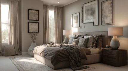 Fototapeta premium Cozy, sun-drenched bedroom with neutral tones and artwork