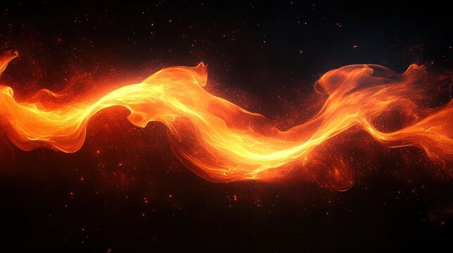 Dynamic swirling flame with bright orange and yellow hues against a dark background, emitting sparks and glowing embers, conveying intense energy and motion
