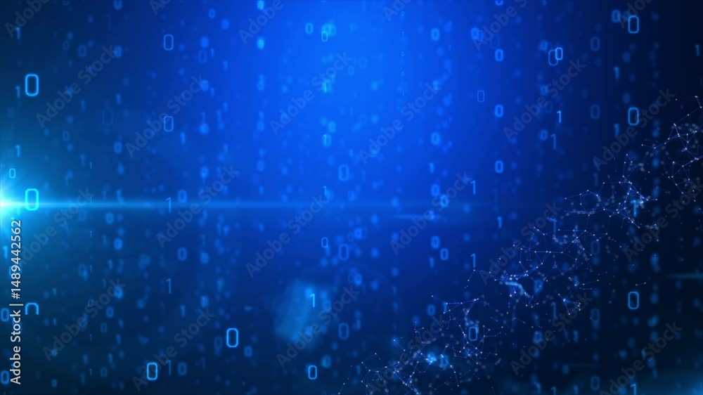 Poster Futuristic binary code stream with glowing blue particles and dot line node connection digital network