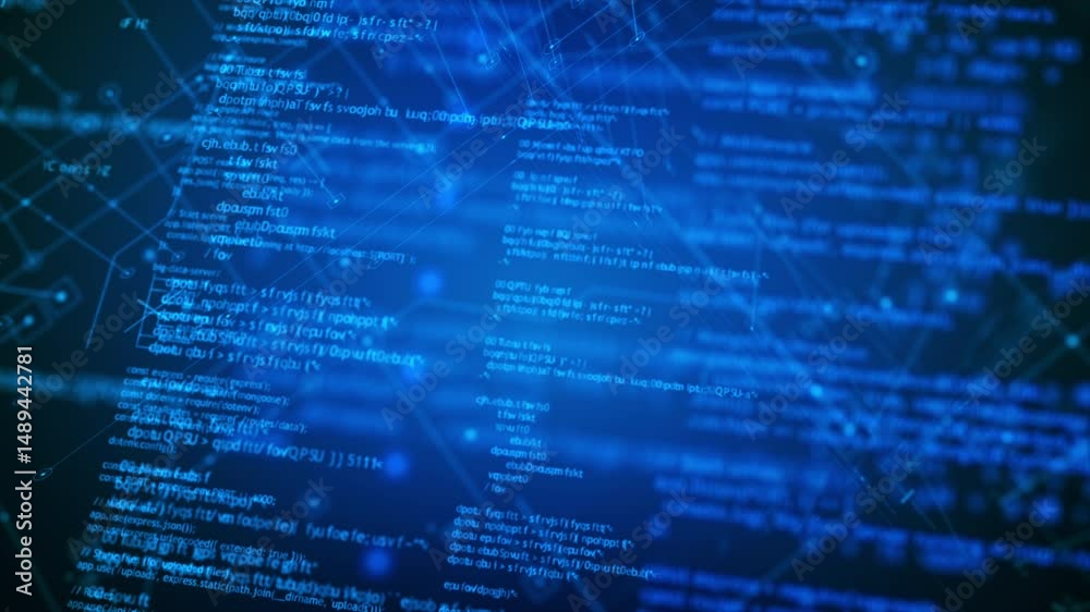 Poster abstract background futuristic digital screen with glowing blue source code and connected lines
