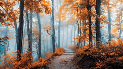 Obraz premium In the forest, there is an autumn path with trees and leaves in orange tones. The background features dark blue, Sunlight is shining through. A path leads from left to right. It creates a beautiful .