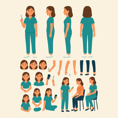 A female nurse character creator kit with multiple poses, facial expressions, and accessories. Includes front, side, and back views of a nurse in uniform, different hand and leg positions, medical too