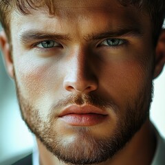 Obraz premium Close-up portrait of a young man with green eyes, short brown hair, and a beard, showing a serious and intense expression