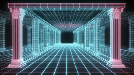 Futuristic classical colonnade digital wireframe rendering of architectural structure