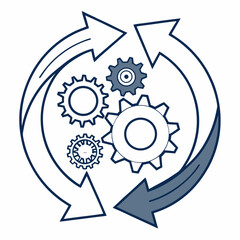Interconnected gears rotating circular arrows workflow process