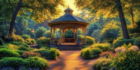 Fototapeta premium Wooden gazebo surrounded by lush green bushes and flowers in a sunlit park with tall trees casting long shadows and creating a serene, peaceful atmosphere