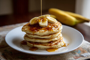 Delicious Stack of Pancakes with Banana and Syrup