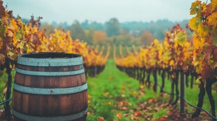 Obraz premium Autumn Vineyard Landscape Wooden Barrel Wine Harvest Fall oak red row farm food view rural green