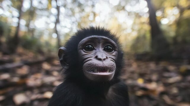 Young monkey with wide eyes in forest view. 