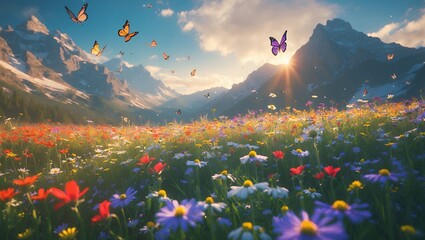 Flying Butterflies over Blooming Meadow with Mountain Backdrop in Sunlight