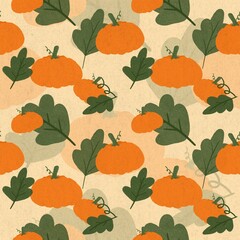 Seamless pattern, hand drawn autumn pumpkin pattern in warm colors, perfect for wrapping paper, fabric, cards and more.