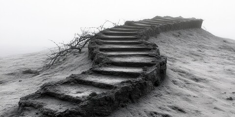 Stone Steps Winding Uphill Foggy Winter Landscape Scene old path grey cold mist view calm hazy climb
