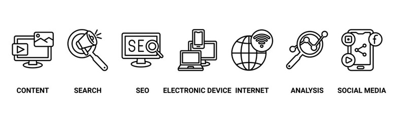 Digital marketing banner web icon vector illustration concept with icon of content, search, seo, electronic devices, internet, analysis and social media