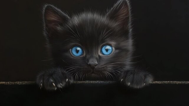 Blue eyed kitten sitting in soft dark room. 