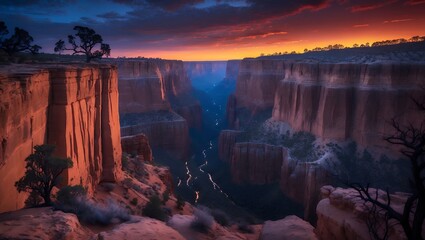 Grand Canyon View at Colorful Sunset with Winding River Below