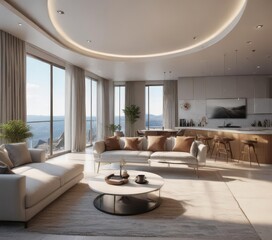 Luxury condo, breathtaking vista, minimalist interior design, day, apartment, interior