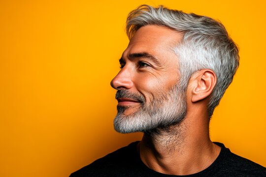 A classic and stylish male with a natural smile. Modish men's ivy league haircut - midlife white man with white hair. Visual idea of style for aging men. Yellow solid background.
