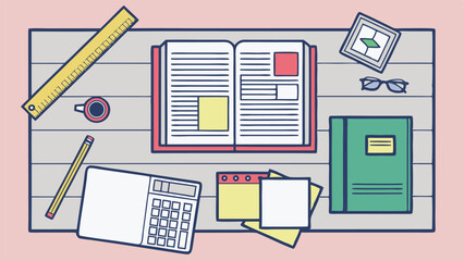 Flat lay study desk with book, calculator, ruler, pencil, coffee, and notes for education concept