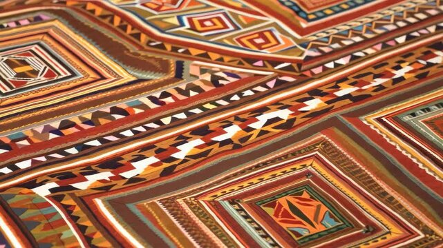 Textile fabric texture showing abstract geometric pattern with brown, white and orange colors in intricate decorative art design detail.