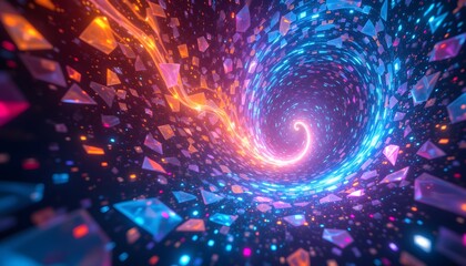 Obraz premium A swirling vortex of luminous color explodes outwards, its tendrils composed of intricate, geometric shapes reminiscent of shattered glass or crystalline formations