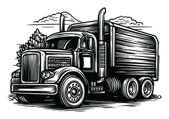 Detailed Vintage Truck Engraving with Scenic Background Elements