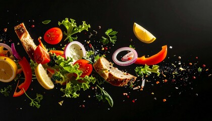 Culinary Chaos Exploding Salad with Bread on Black