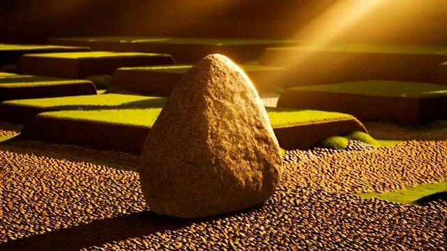 Smooth stone centered in a field of pebbles with small green islands, illuminated by warm sunlight overhead creating shadows